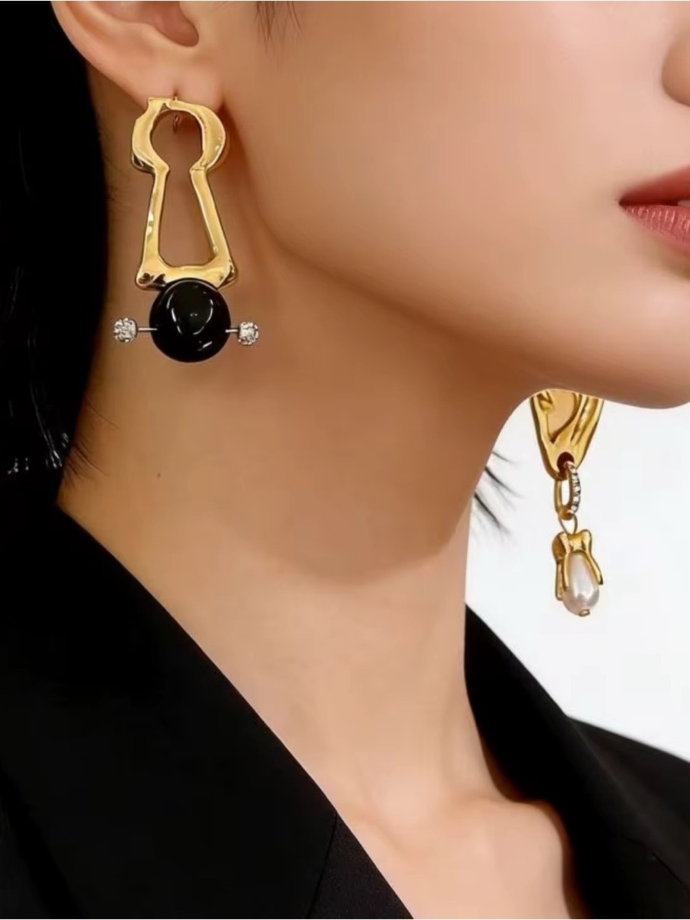 Gold-Tone Asymmetrical Ear & Keyhole Drop Earrings with Black and Pearl Accents - Picture 5 of 5